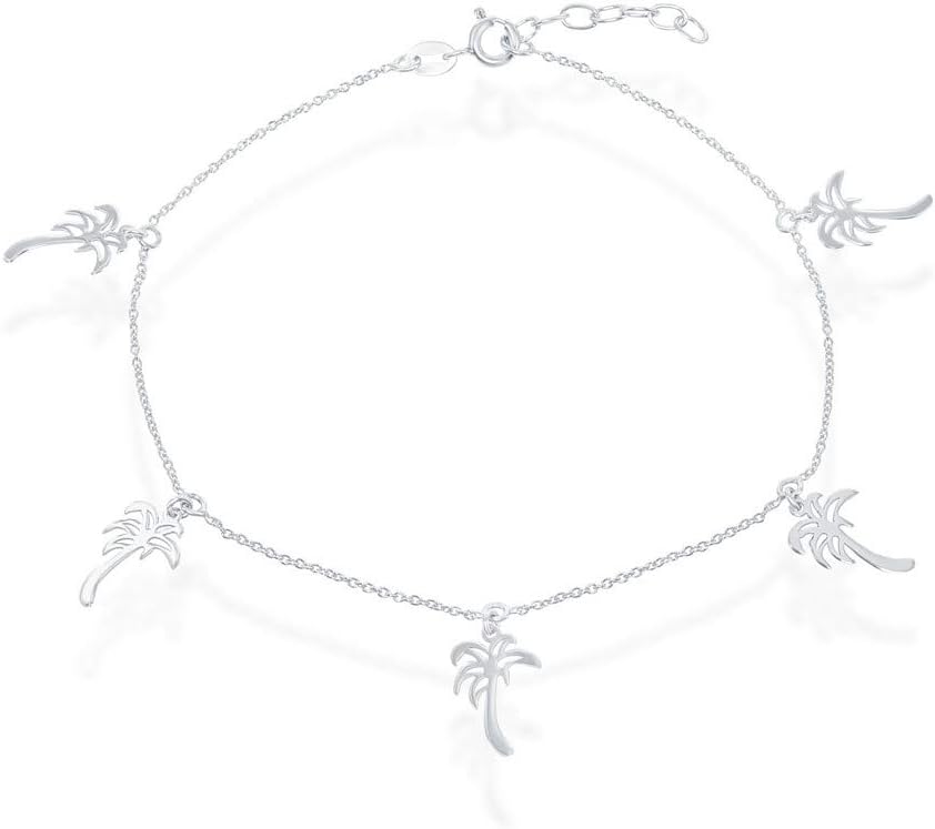 Sterling Silver Italian Leaves/Open Heart/Palm Trees 9+1’’ Dangling Anklets