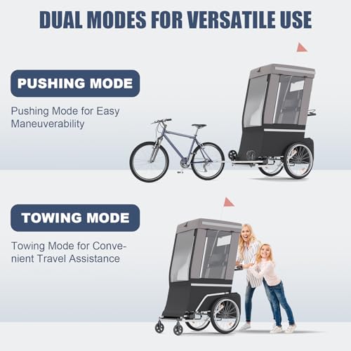 2-in-1 Foldable Adult Bike Trailer, 165-220lbs Capacity, Bicycle Trailer w/Weather Protection Cover, Front Rotating Wheel, Safety Accessory, Tow-Behind Single Seat Adult Strollers for Special Needs - Thumbnail 2
