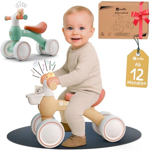 Mallie® Laufrad ab 1 Jahr I Ab 12 bis 24 Monate inkl. Klingel und Korb I Laufräder, Rutschauto Ab 1 Jahr, Schaukelpferd oder Dreirad ab 1 Jahr Ersatz I Balance Bike Kinderspielzeug als Geschenk 1 Jahr