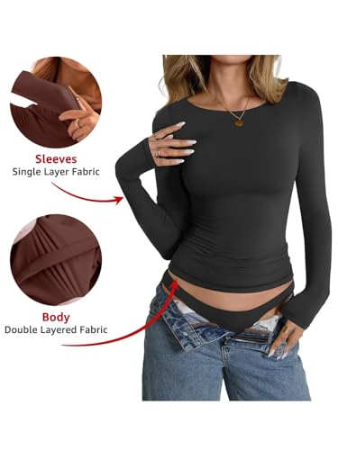 Womens Double Lined Long Sleeve Shirts Boat Neck Going Out Tops Trendy Slim Fitted Tees Basic Fall Outfits 20252
