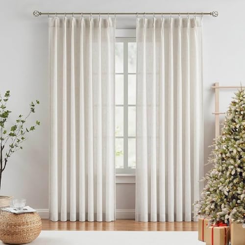 EXCLUSIVE HOME Belgian Textured Linen Look Sheer Pinch Pleat/Hidden Tab Top Curtain Panel Pair, 96 Length, Winter White