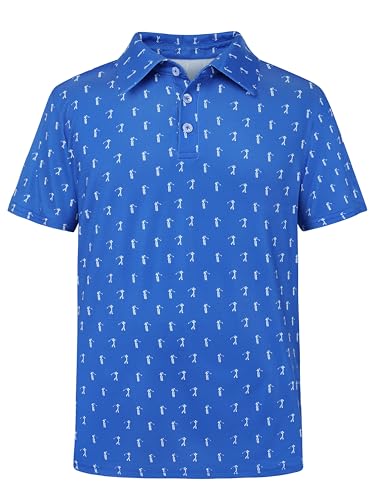 AlisOker Boys Polo Shirt Kids Short Sleeve Dry Fit Performance Print Golf Shirts Cuaual Active for Boy 8-16Y, Royal Blue Golf, 12-14 Years