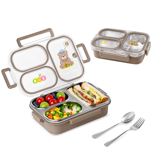 SAYAPE Stainless Steel Bento Lunch Box for Kids, 26.4 oz Leak-Proof 3-Compartment Metal Bento Box, BPA-Free, Cute Cartoon Meal Prep Snack Container with Utensils for School, Office, Travel - Brown