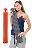 Peterpan Long Hot Water Bottle with Gray Cable Knit Cover, Natural Rubber, Pain Relief for Neck and Back, BPA & Phthalate Free