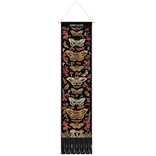 Tegeme Vintage Tapestry 52 x 13 Inch, Long Vertical Wall Hanging Reference Illustrative Botanical Insect Tassel Tapestry for Bedroom Living Room Home Decoration (Poppy Moth)
