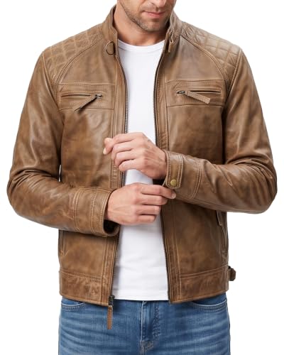 Image of fjackets Mens Leather Jacket Moto Style Real Lambskin Leather Jacket, Quilted Cafe Racer Classic Zip Up Biker Jacket for Men