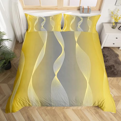 Erosebridal Gradient Yellow and Grey Duvet Cover Ombre Twin Bedding Sets for Boys,Trippy Spiral Silver Wave Line Comforter Cover,Abstract Art Room Decor Aesthetic