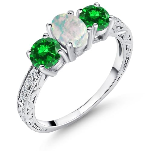 Gem Stone King 2.43 Cttw Oval Cabochon White Simulated Opal and Green Simulated Emerald 3-Stone Ladies Engagement Ring for Women | 925 Sterling Silver | Available 5,6,7,8,9