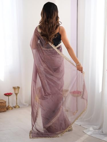 Image of AKHILAM Women's Shimmer Net Solid Saree With Unstitched Blouse Piece