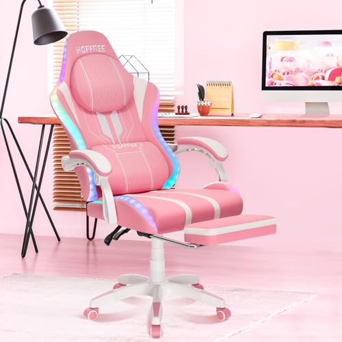 HOFFREE Pink Gaming Chair with Speakers and Massage Led Gaming Chair with Footrest Big and Tall Video Game Chair Reclining High Back Computer Desk Chair for Girls Pink and White HOGC-MAX303 の商品画像 1