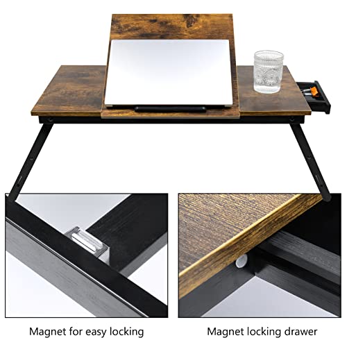 Jmlhmxc Bamboo Laptop Desk Bed Tray Table Adjustable Table For Computer Tilting Top Foldable Leg With Drawer #TOP4