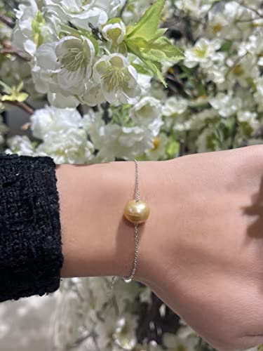 .925 Sterling Silver Tin Cup Pearl Bracelet with 12mm South Sea Cultured Golden Pearl, Adjustable Cable Chain 7''-8" Beautiful Jewelry Bracelet Gift3