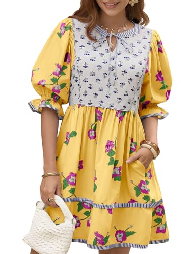 Image of Wenrine Womens Casual Floral Mini Dress Summer Patchwork Boho Shirt Dresses
