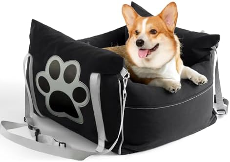 Dog Car Seat Bed – Waterproof Dog Booster for Car with Storage Pockets,Washable Pet Carseats Small Under 25,Fully Detachable Travel Carrier with Clip-On Safety Leash and Thickened Memory Foam Filling