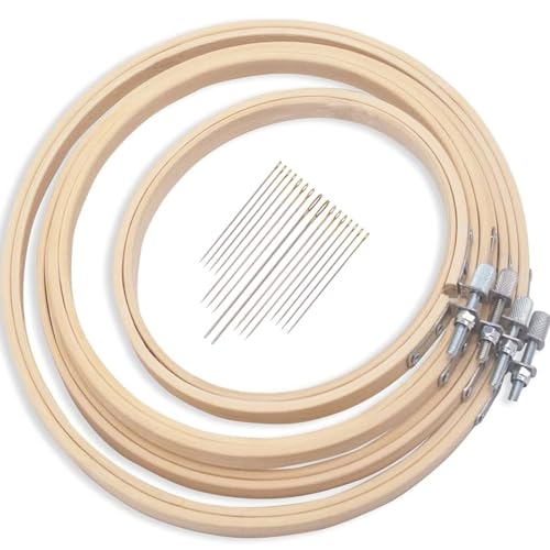4Pcs 4 Sizes Round Bamboo Embroidery Hoop Set Circle Cross Stitch Hoops with Gold Eye Needles for Craft Sewing