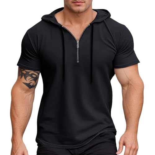 Mens Lightweight Short Sleeve Hooded T Shirt Athletic Pullover Sweatshirt for Gym Running Casual Wear (1-Black, M)