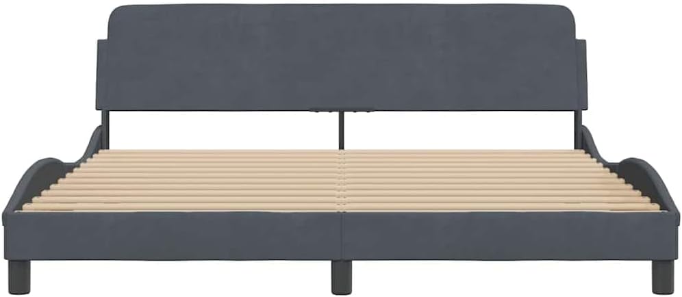 Modern Dark Grey Velvet Bed Frame with Curved Headboard, Sturdy Platform Foundation, Slatted Durable Design, Easy Assembly, Nonslip Mattress Support for Bedroom Storage
