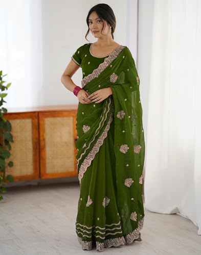 Image of SIRIL Women's Chiffon Scalloped Border Sequins Embroidery Saree with Unstitched Blouse Piece
