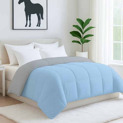 Image of Bed Comforter - Double Size - Light Blue & Light Grey - 300 GSM Quilt Blanket Rajai - Winter Warm Down Alternative Duvet Insert with Corner Ties