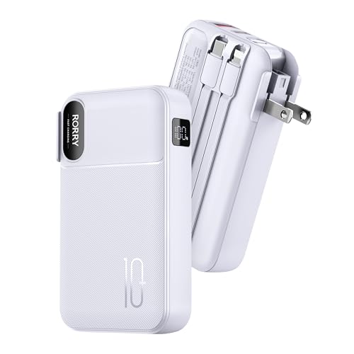 RORRY Portable Charger Built in Cables, AC Wall Plug in Portable Charger Power Bank 10000mAh Travel Battery Pack 22.5W Fast Charging for iPhone 17/16/15 Samsung Galaxy S25/S24 Pixel LG iPad,