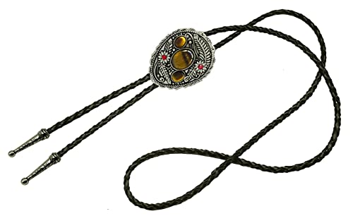 Image of Moranse Bolo Tie with Natural Tiger Eye Stone Celtic Style Genuine and Cowhide Rope
