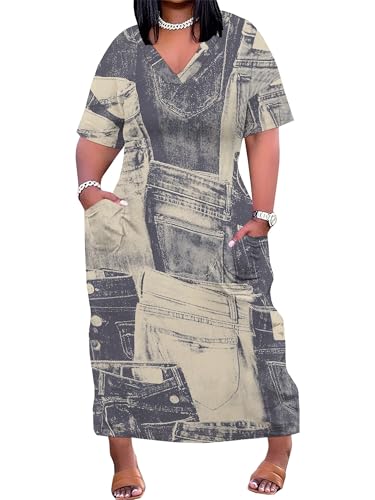 Image of Plus Size Maxi Dress for Women Short Sleeve V Neck Casual Loose Sundress with Pockets