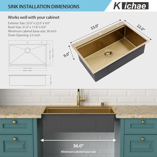 Image of 33 Gold Drop In Kitchen Sink - Kichae 33x22 Gold Brushed Stainless Steel Drop Sink 16 Gauge Ledge Workstation Single Bowl Topmount Overmount Handmade Basin with Cutting Board