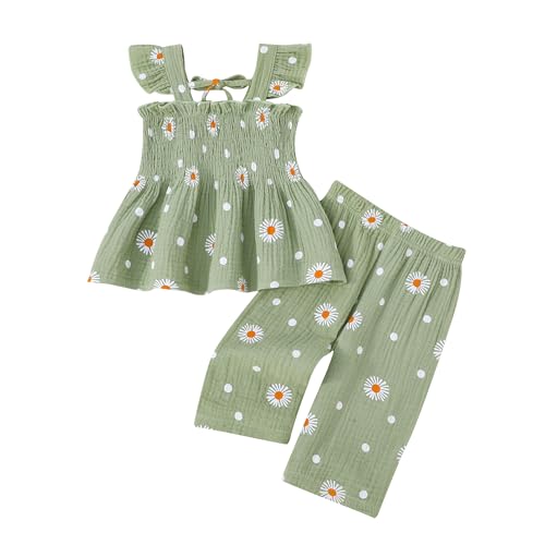 Image of SUREPOCH Toddler Baby Girl Clothes Summer Outfits Heart Daisy Print Sleeveless Camisole Linen Pants Set for Little Girls