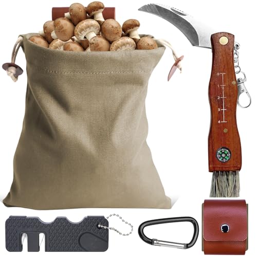 LEKEFETO Cuchillo de seta con cepillo y regla: bolsa de caza de setas, cuchillo de setas con cepillo, navaja de bolsillo con cuchillo de lona, navaja plegable, cuchillo de malla, color caqui