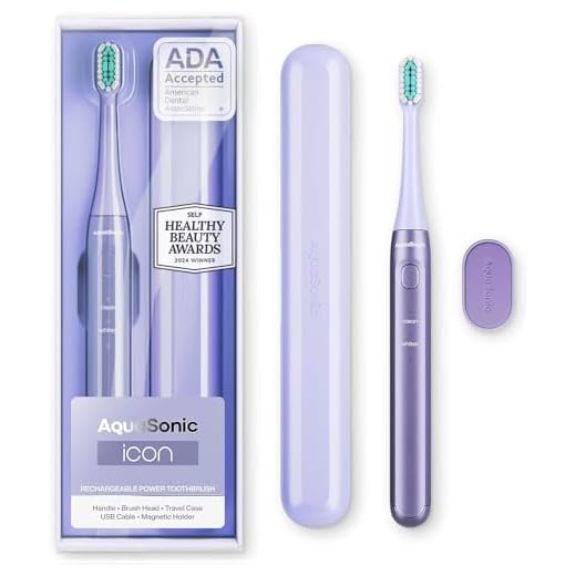 Aquasonic Icon ADA-Accepted Rechargeable Toothbrush | Magnetic Holder & Slim Travel Case | 2 Brushing Modes & Smart Timers | Gentle Micro-Vibrations (Lilac)