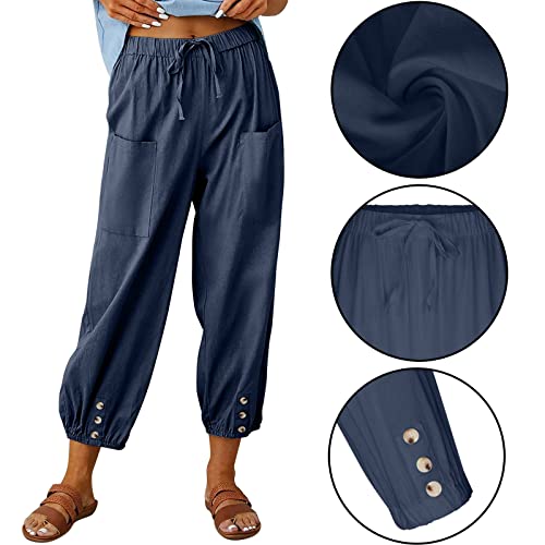Women's High Waist Pants Drawstring Capri Pants With Pockets Wide Leg Cropped Pants For Women Navyblue Medium #TOP1