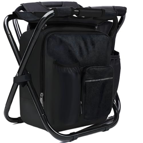 Silla de Mochila, Taburete Plegable Portatil,Taburete de Camping Portátil 3 En 1 con Refrigerador Bolsa de Picnic, Tela Oxford de PVC 600d,Adecuado para Pesca,Camping, Senderismo,Viajes - 52x36x5cm