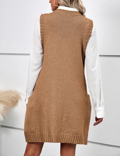 Image of HOTOUCH Women Sweater Vest Oversized V Neck Sleeveless Knit Pullover Ribbed Vest Dress with Pockets