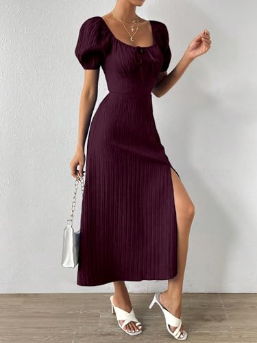 Image of Shasmi Women's & Girl's Tie Front Split Thigh Milkmaid Maxi Dress - Square Neck Puff Sleeve A-Line Long Dress, Elegant Casual & Parties Wear for Ledies (Dress 245)