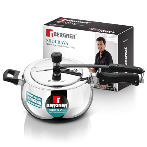 Image of Bergner Shouraya Triply Stainless Steel 5 Litres Inner Lid Pressure Cooker, Belly Shape, Faster and Even Heat Distribution, Healthy Cooking, ISI-Certified - Induction and Gas Stove Ready