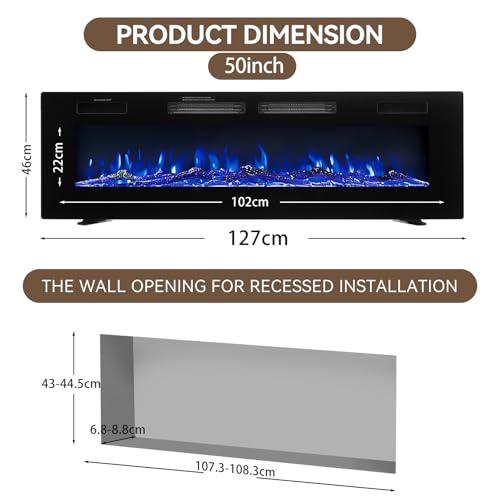 Ultra Thin Electric Fireplace 50"/60" Wall Mounted/Recessed/Freestanding Fire Heater with 12 LED Flame Color 5 Brightness Thermostat Overheat Protection Remote & Touch 750W/1500 (Black, 50inch/127cm) - Image 3