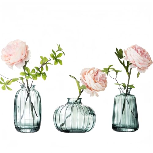 KMERCE 3 Pezzi Vaso da fiori in vetro verde, Piccolo Vaso trasparente Per Decor, Minimalista decorazione per Matrimonio, Cena Tavolo Partito Soggiorno Ufficio,regalo festa della mamma, battesimo