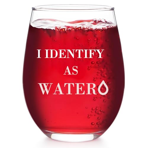 Zunaked Funny Wine Glasses for Women - I Identify As Water 19 oz Stemless Wine Glass - Gag Gifts Birthday Gifts for Women, Sister, Friend, Bestie, Cowker