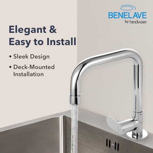 Image of Benelave by Hindware Sink Tap with Raised J-Spout for Kitchen | Made of Brass | Mirror-Like Chrome Polish Finish | Better Reach | Deck Mount Installation | Volga Range | 7-Year Manufacturer Warranty