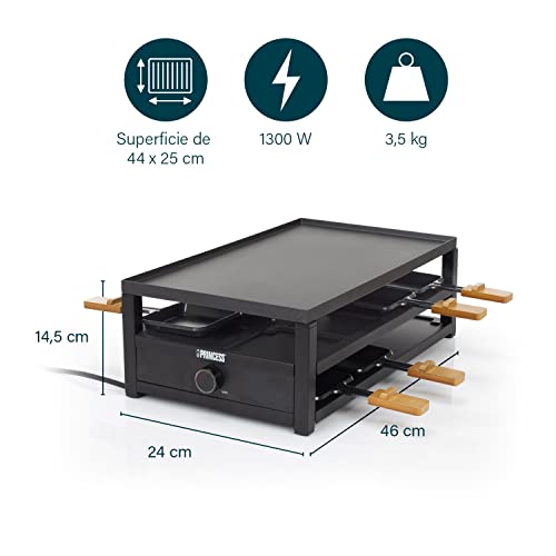 Princess 162655 Raclette en acero negro, para 8 personas y con plataforma para dejar las sartenes de raclette usadas, amplia superficie para cocinar de 44 x 25 cm, termostato ajustable, 1300 W - imagen 2