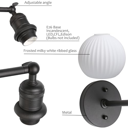 Image of Yosoan Boho Aged Vanity Bathroom Wall Sconce with Milk Shade, 1-Light Indoor Hardwired Wall Mounted Vintage Industrial Fixture Lights with Ribbed Round Glass Lamp for Bedroom Living Room(Black)