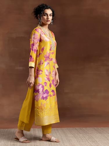 Image of Libas Womens Printed Silk Blend Straight Kurta With Trousers and Dupatta | daily wear suit