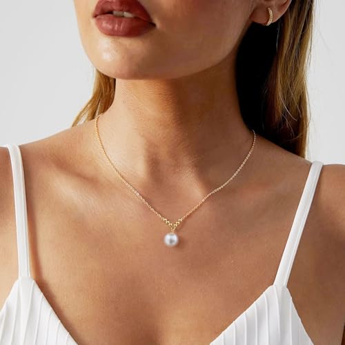 Juvux Pearl Necklace for Women Pendant Necklace- S925 Sterling Silver Single Jewelry with 10mm Pearl Trendy Dainty Choker Necklace Gifts for Anniversary Wedding Birthday Gifts (Bead Gold Plated) — view 2