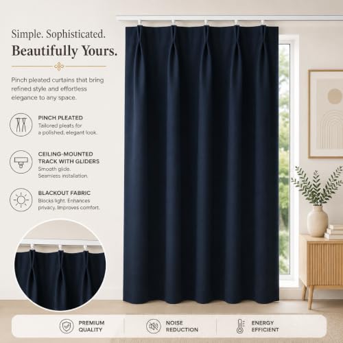 Image of KALIYO Blue Blackout Pinch Pleat Curtains for Living Room & Bedroom | Room Darkening Curtains | Pinch Pleat Header| Noise Reducing | 5 FT | Pack of 2