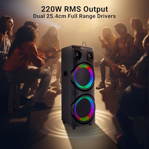 Image of ZEBRONICS Buddy 400 Portable Party DJ Speaker with 220 Watts, Supports Bluetooth, USB, AUX, mSD, TWS, Voice Changing Wireless MIC, Karaoke Function, Up to 3h Backup, RGB LED Lights