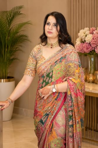 Generic Surreptitious Multicolor Chinon Silk Mirror Aari Work Saree - Image 4