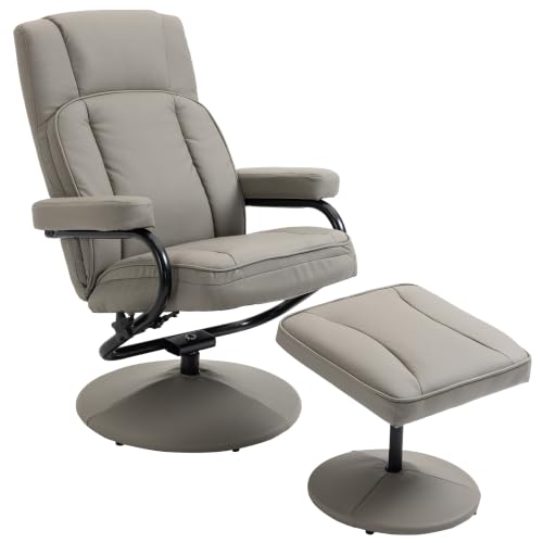 HOMCOM Swivel Recliner Manual PU Leather Armchair Ottoman Footrest Gray