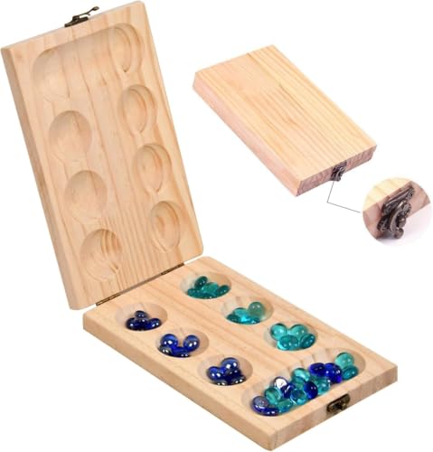 Zuniplex mancala board game - board game with folding wooden board on a white background.