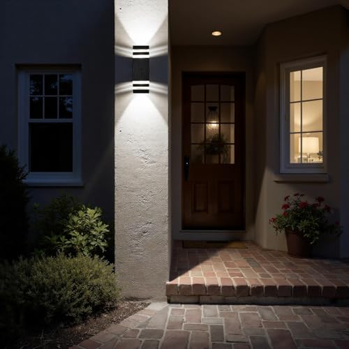 Image of Motion Sensor Outdoor Wall Lights, Cold Light with PIR Body Sensor, Black Aluminum Up & Down Porch Sconce, GU10 LED Bulbs Included, ETL Listed, Dusk to Dawn Garage & Garden Lighting Fixture