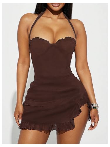SOLY HUX Women's Halter Bodycon Mini Dress Backless Ruffle Split Hem Club Party Dresses3